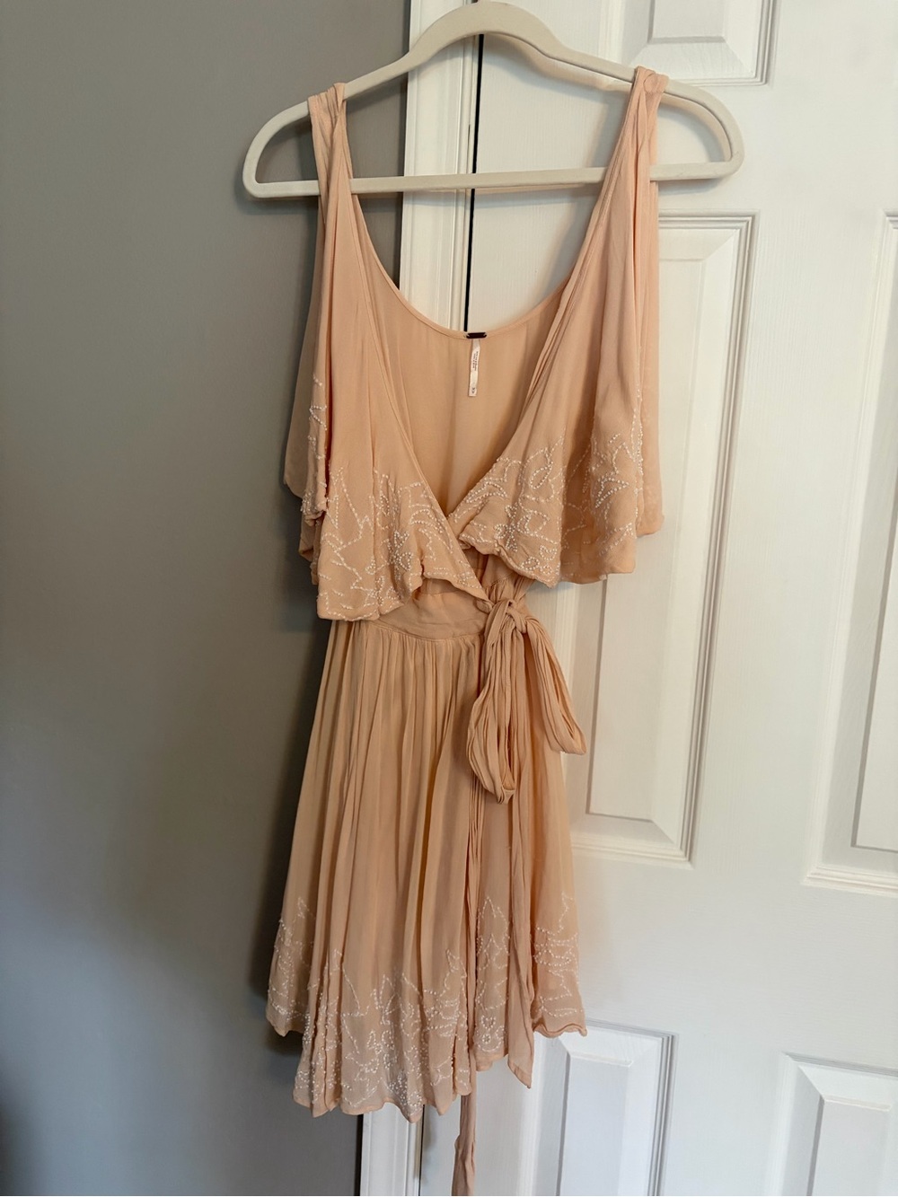 Free People Beaded Cold-Shoulder Wrap Mini Dress Blush / Peach